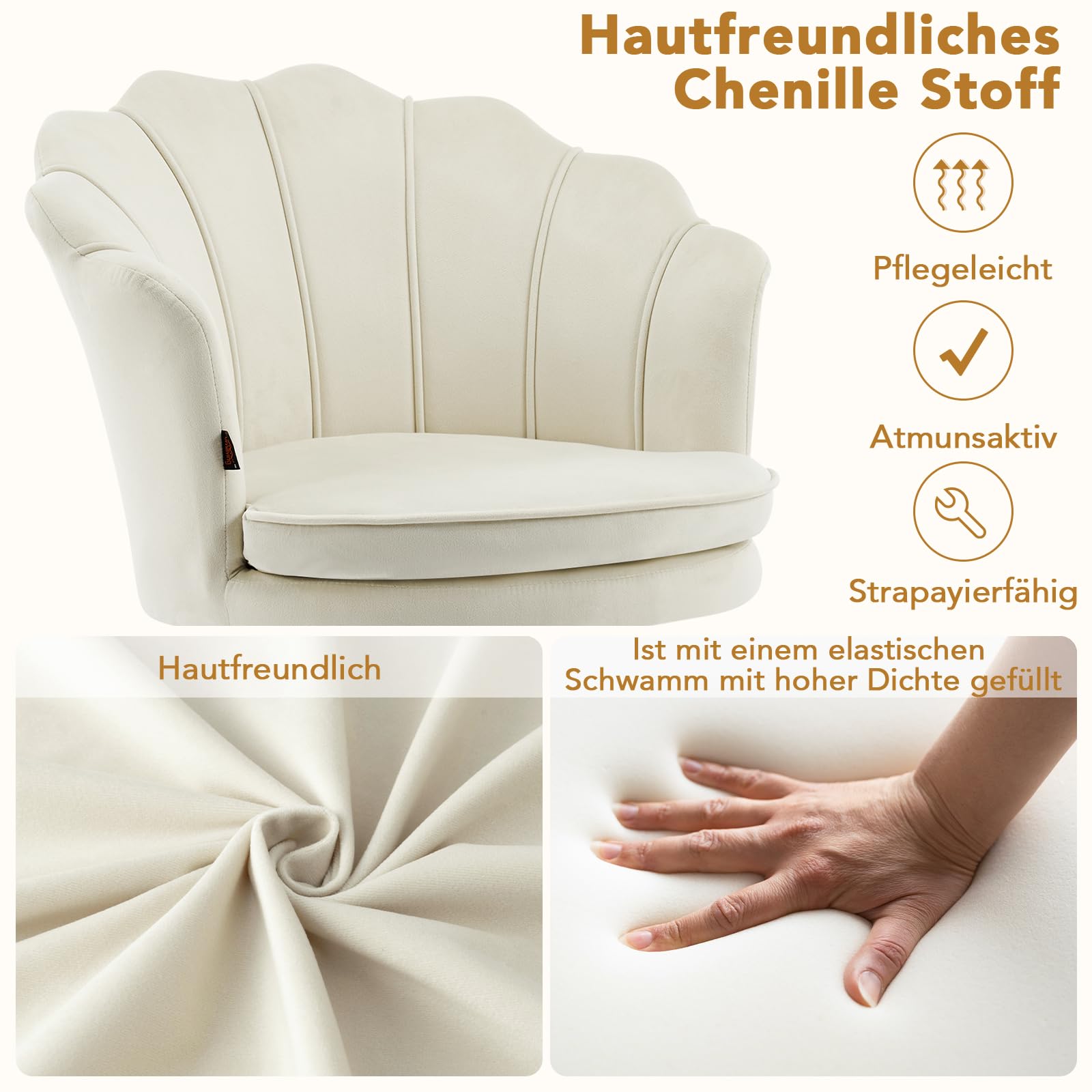 Esszimmerstühle aus Samt, Schminktisch Stuhl, Muschelsessel mit Blütenblatt-Rückenlehne, Polstersessel Stuhl Schminktisch mit Gold Metallbeinen für Schlafzimmer Esszimmer Wohnzimmer, Beige