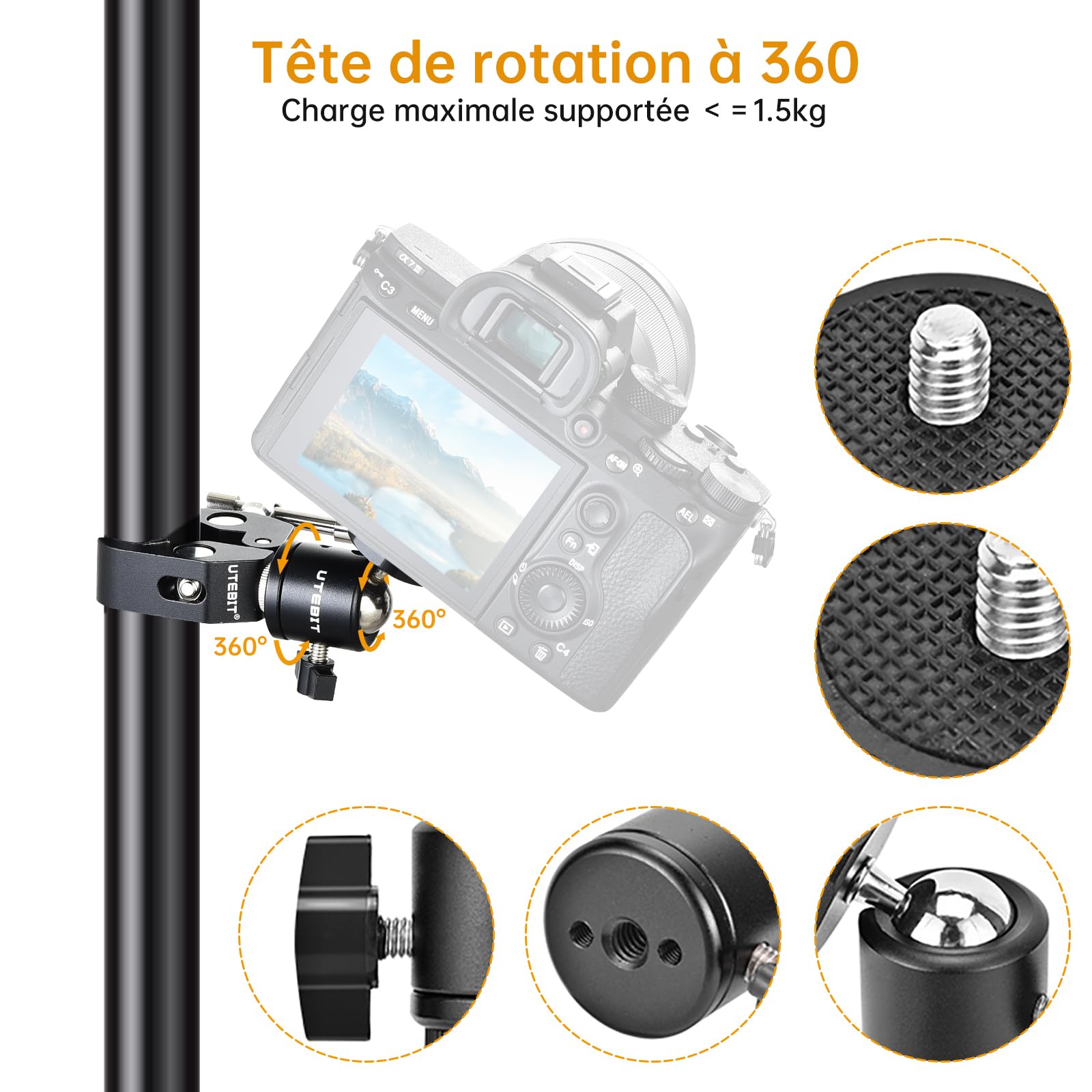 UTEBIT Pince Trépied Bras Magique, Super Clamp avec Rotule Pivotante à 360° en Alliage Aluminium, Bras Articulé Support pour Appareil Photo, Lampe Vidéo, et Caméra Action