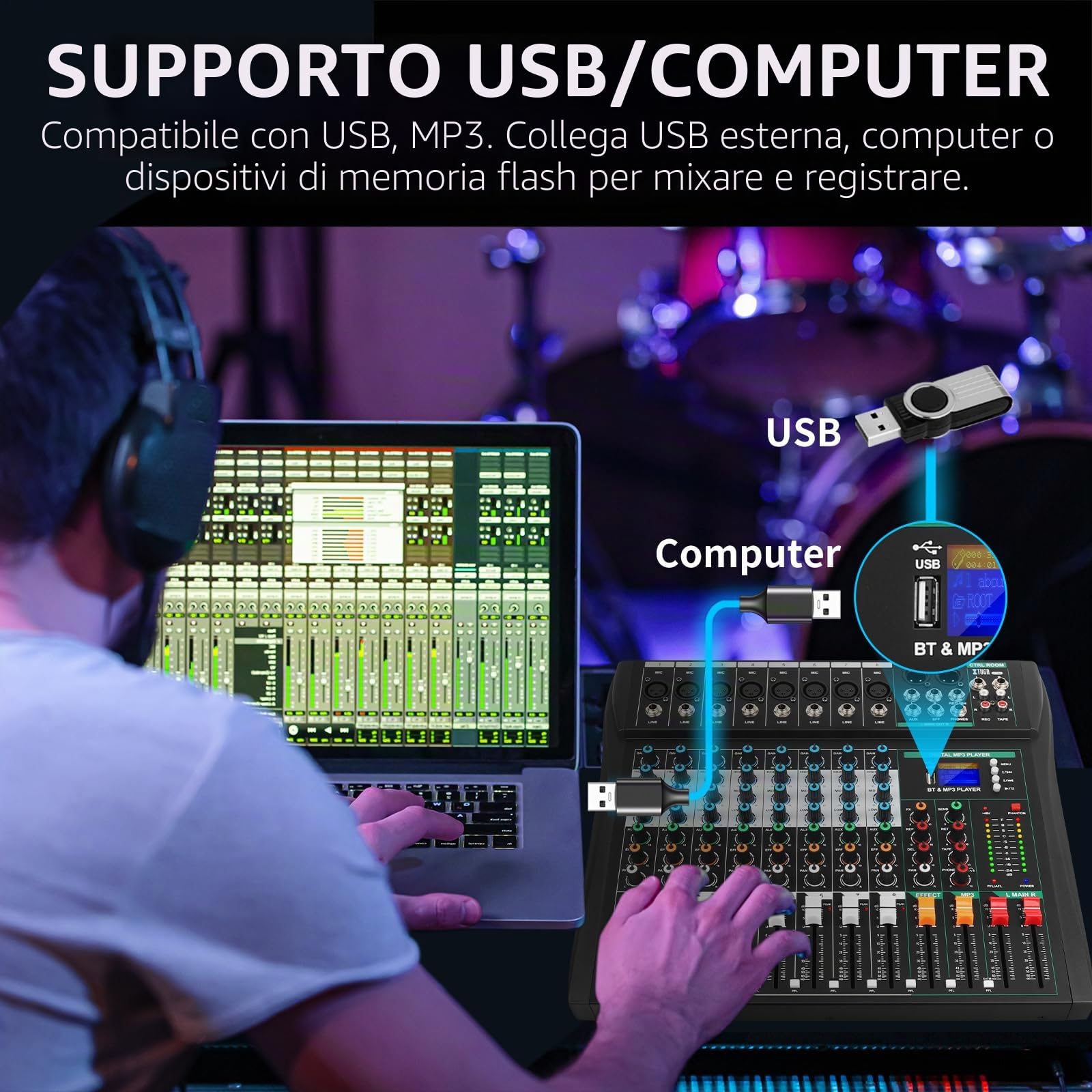 XTUGA CT80 - Console audio a 8 canali per registrazione su PC, scheda audio professionale integrata con effetti digitali da studio, alimentazione phantom da 48 V, ingresso/uscita RCA, MP3, Bluetooth