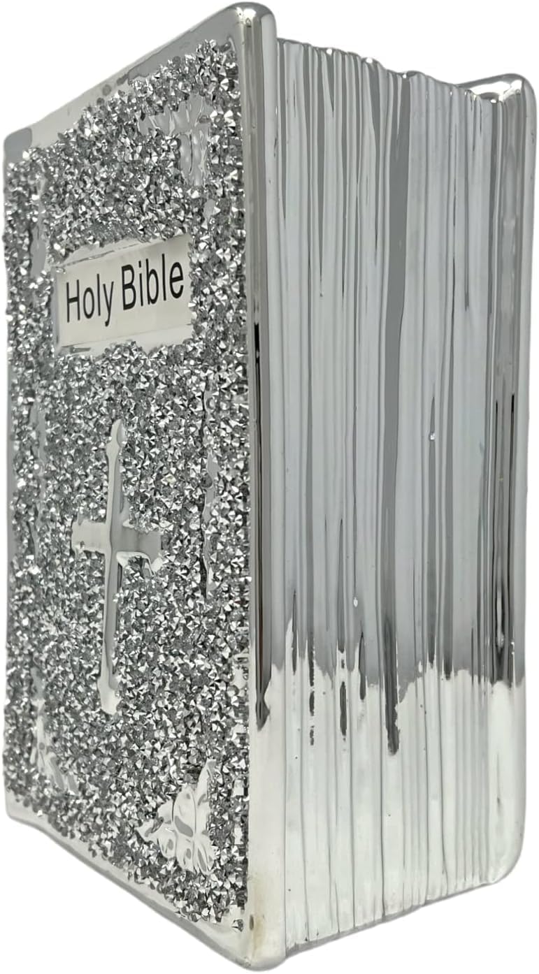 JAYOGLA Crushed Diamond Silver Holy Bible Book Sparkle Ornament, 25cm, Bling Home Decor, Crystal Ceramic