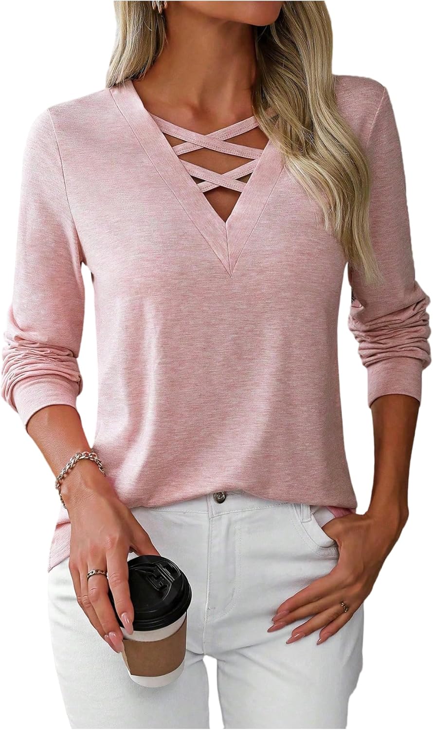 WDIRARA Women's Criss Cross V Neck T Shirts Long Sleeve Tees Casual Tops