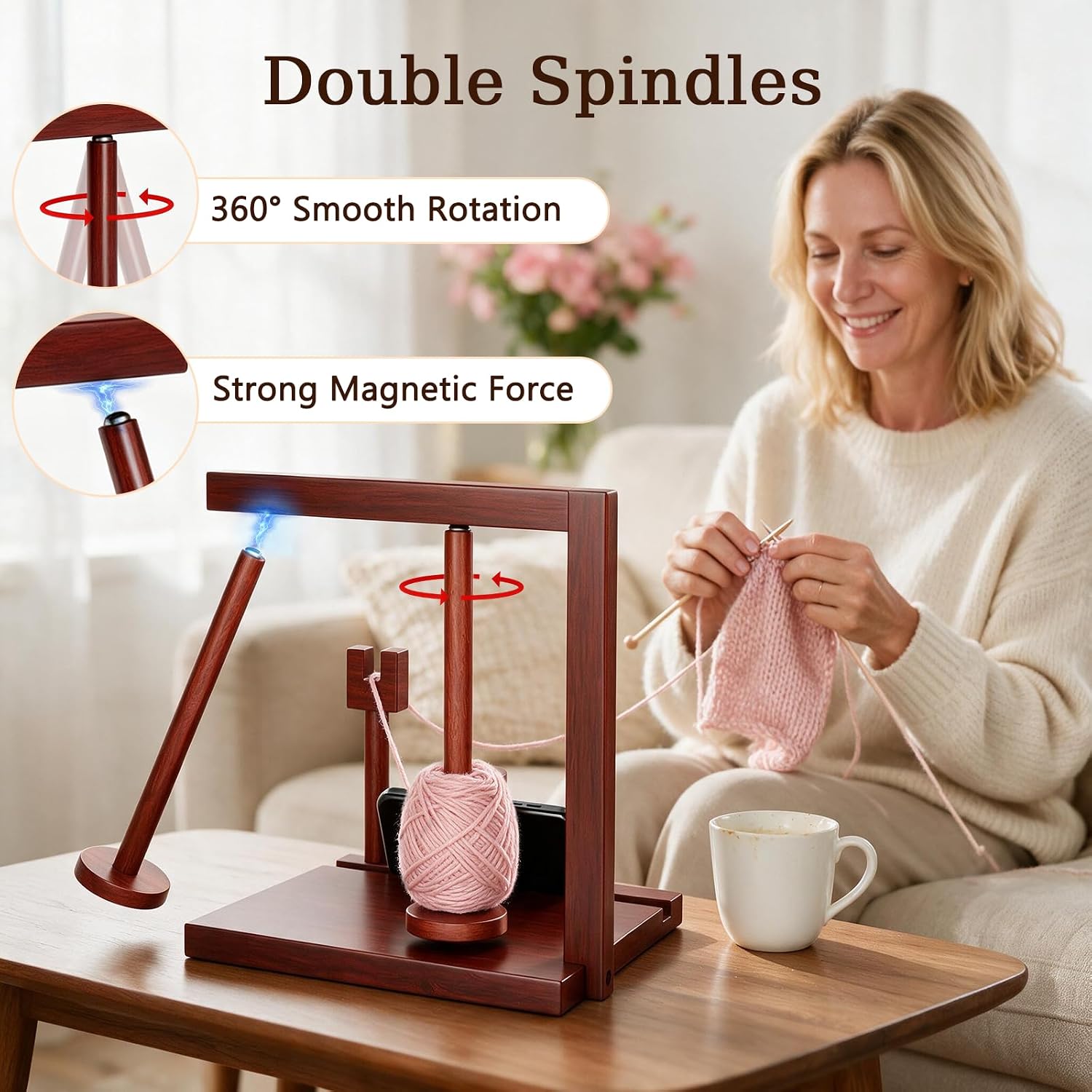 Wooden Yarn Holder for Crocheting, Double Magnetic Spindles Yarn Spinner