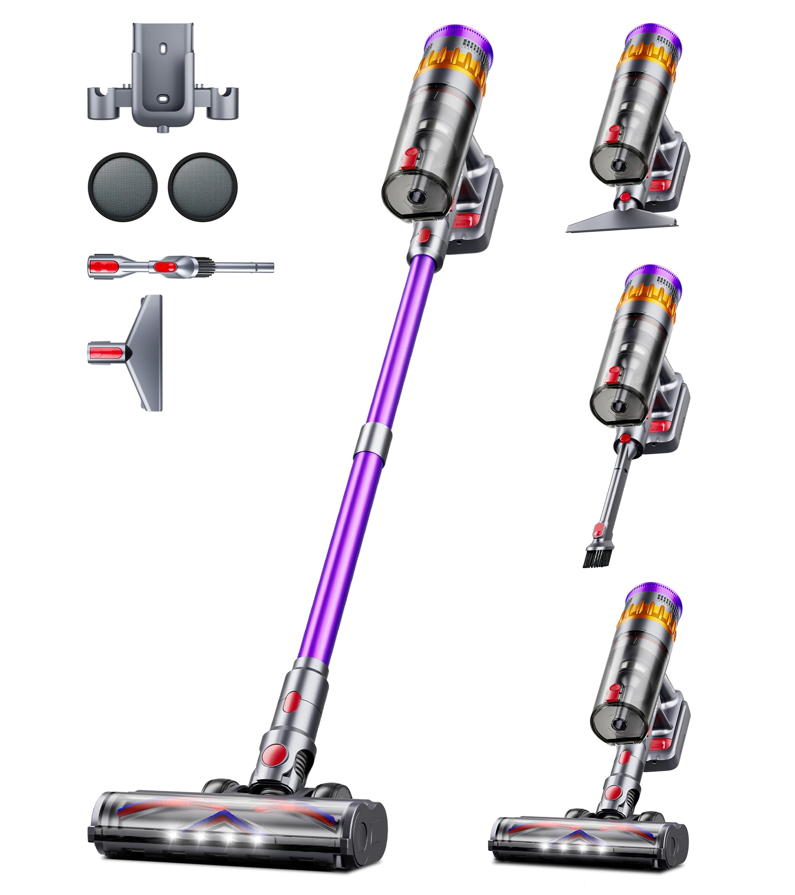Aspiradora inalámbrica de 550 W, 48 kPa, 70 minutos de uso, para el hogar, con base de pared, pantalla táctil, recargable, antienredos, para pelo de mascotas, alfombras, suelos de madera.