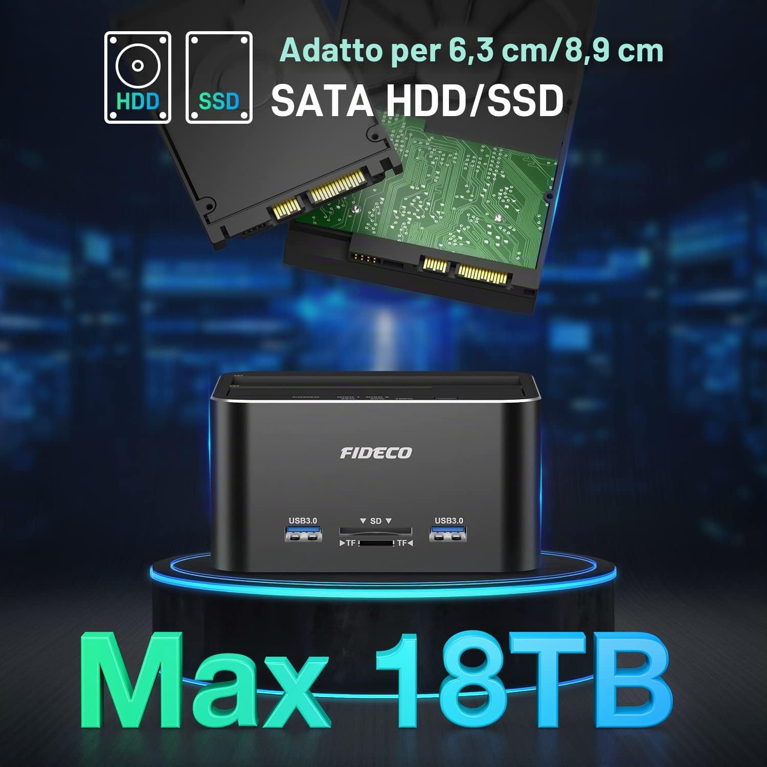 FIDECO Docking station per hard disk, USB 3.0 in alluminio Stazioni per hard disk da 2,5"/3,5" SATA HDD SSD, lettore di schede TF e SD, supporto clone offline