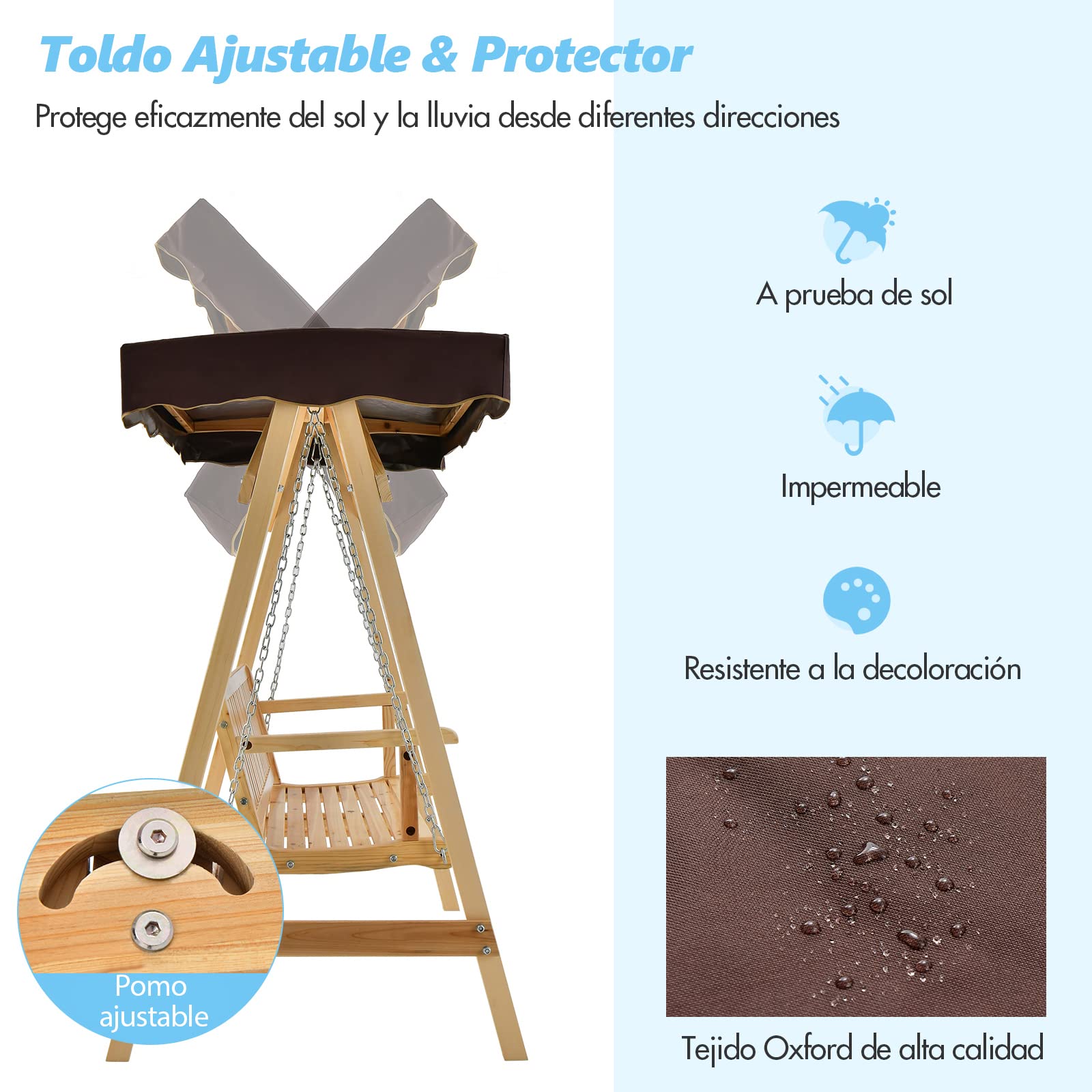 COSTWAY Columpio Balancin Jardin de Madera 2 Plazas,Toldo Ajustable, Silla de Madera de Columpio de Patio hasta 240kg, 175x106x182 cm, Porche, Patio Trasero, Balcón (con toldo)