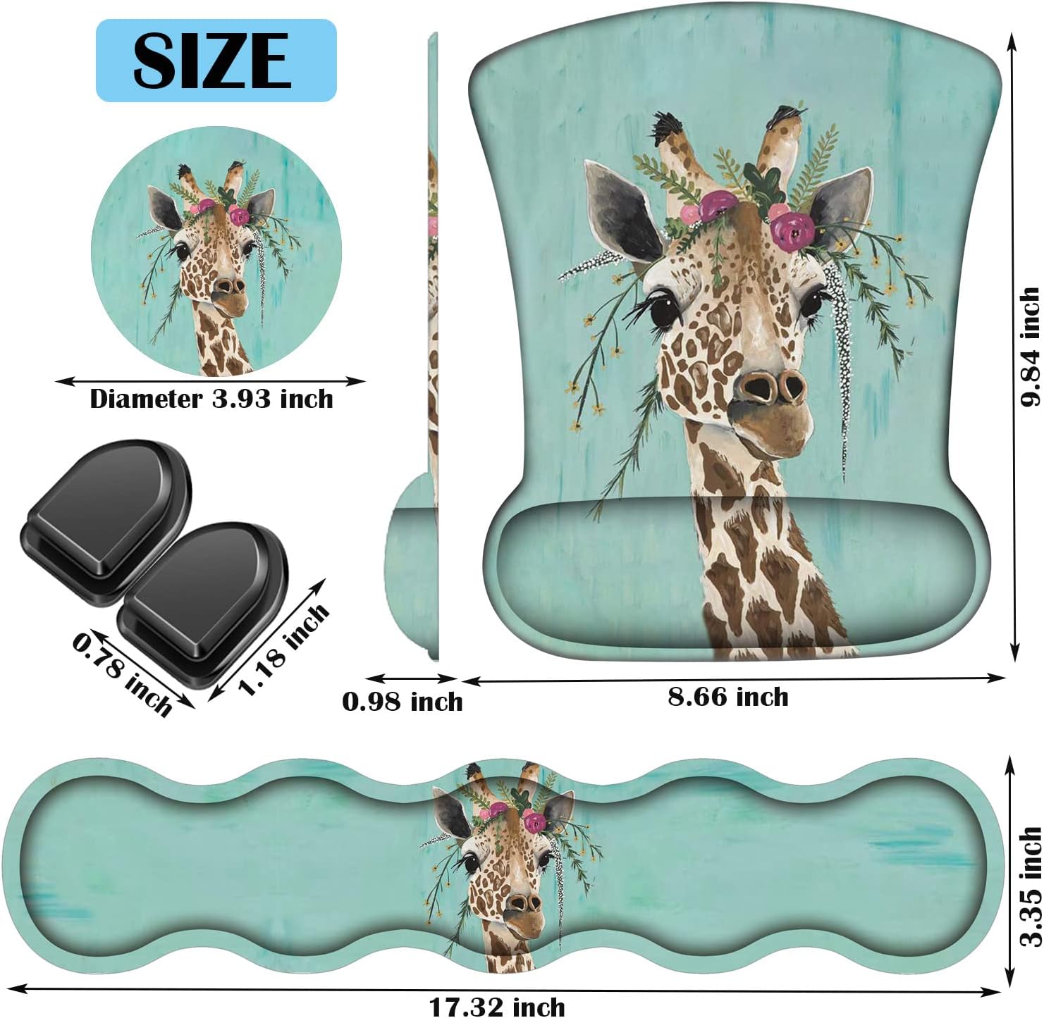 Keyboard Wrist Rest + Mouse Wrist Rest + Coaster + Invisible Hook Set, Ergonomic Mouse Pad, Wrist Pain Relief and Non-Slip Base Design, Suitable for Office and Home, Green Rustic Wood and Giraffe