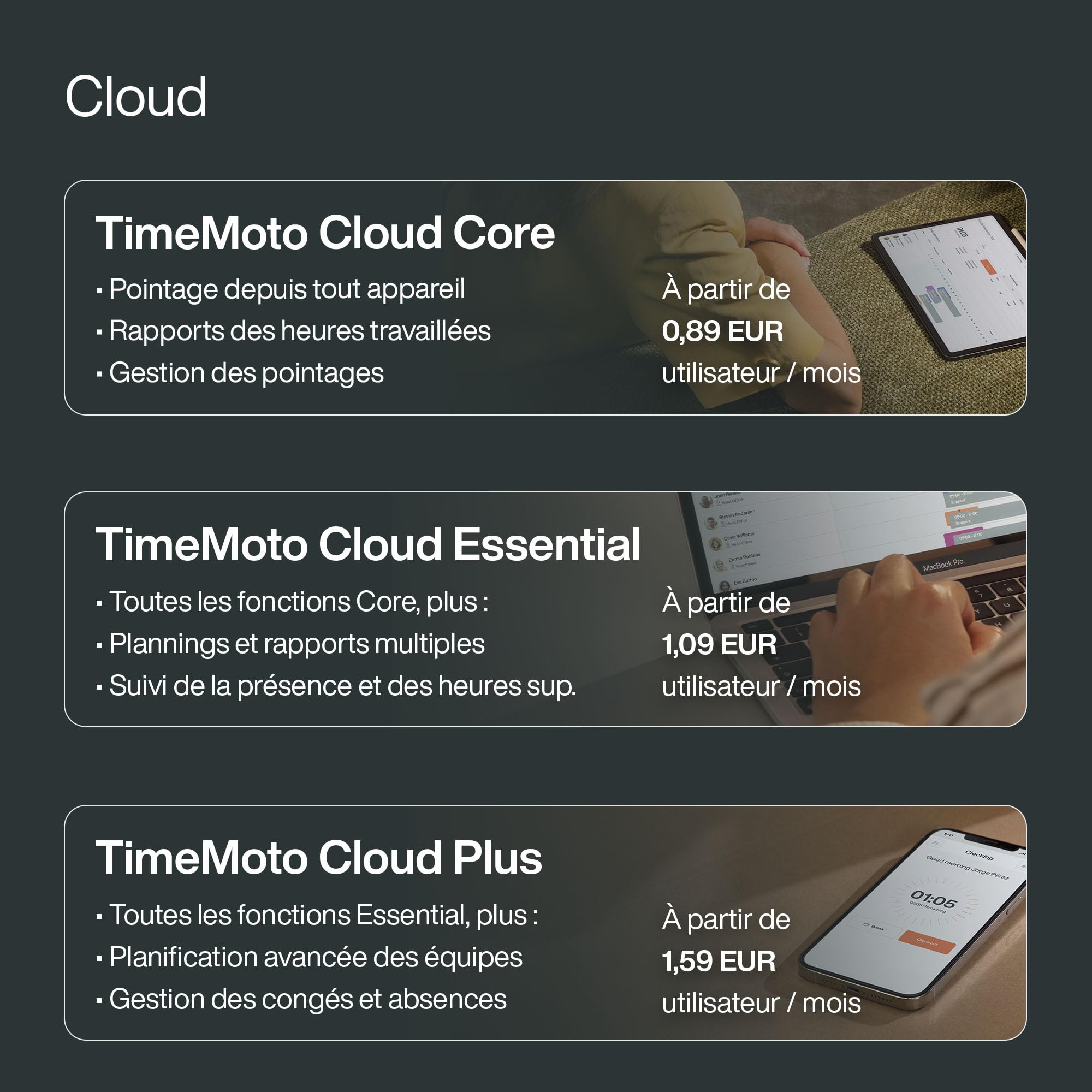TimeMoto TM—616 pointeuse horaire personnel avec Cloud, badgeuse RFID et PIN, pour 200 utilisateurs max. Rapports, plannings, Wi-Fi, appli iOS/Android.