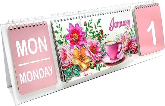 Perpetual Desk Calendar with DIY Diamond Art - Reusable 12 Monthly Floral Flip Calendar for Home Office Decor - All-Year Daily Planner Ornament, 5D Gem Painting Stationery Gift-Calendar01