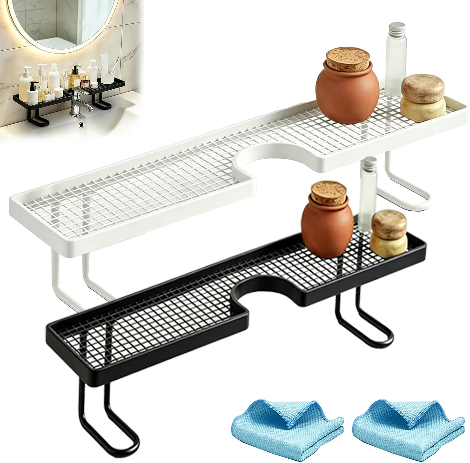Behind the Faucet Sink Organizer, Over-the-Faucet Sink Organizer Shelf Storage Rack U Shaped No Drill, Compact Countertop Stand for Kitchen, Bathroom, Shower (-White 23.62in+Black 19.69in)