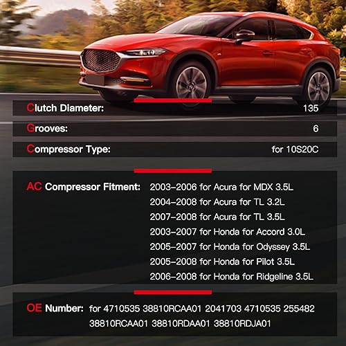 Miniatura 2 de cciyu Compresor de aire acondicionado para Honda Odyssey Pilot Ridgeline para Acura MDX TL 3.5L 3.0L 3.2L 2003-2008 6 ranuras reemplaza al compresor