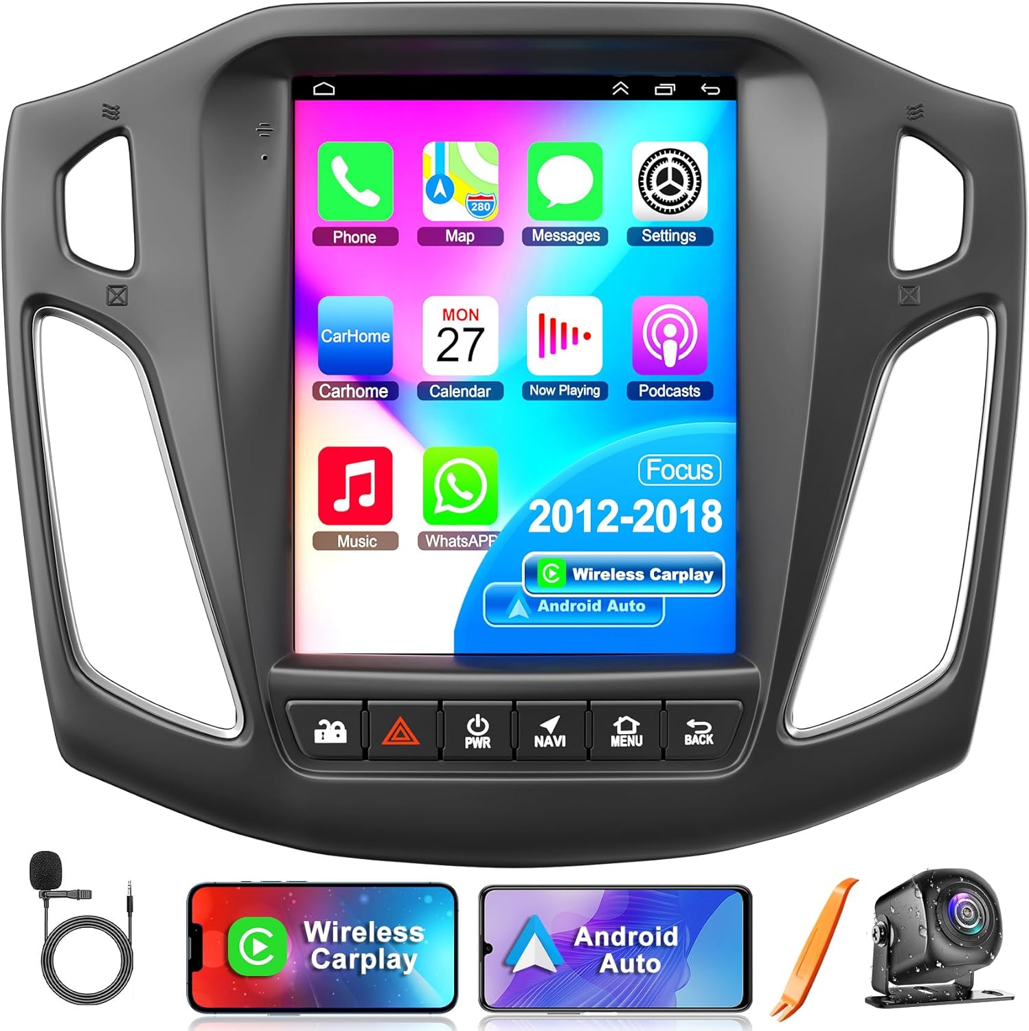 4+64 Android 13 Car Stereo for Ford Focus 2012-2018, 10.4 Inch IPS Touch Screen Car Radio with Wireless Carplay/Android Auto,GPS, WiFi, Bluetooth, Support OBD2/DVR/DSP