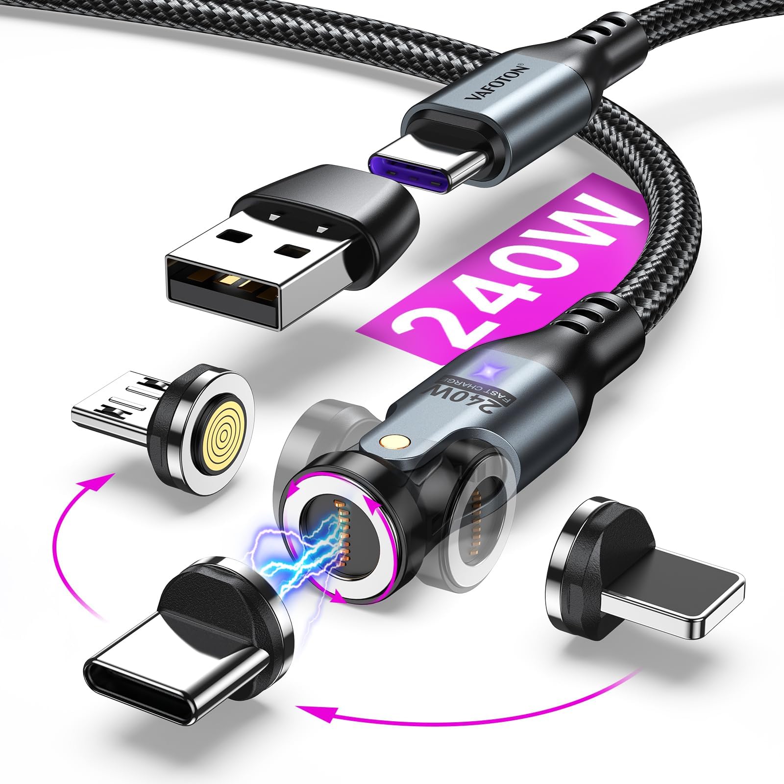 PD 240W Magnetic USB C Charging Cable(1Pack, 6ft), 360°&180° Rotation Magnetic Charging Cable/USB C to USB C Fast Charging Cables/Magnet Phone Charger for 1Phone16/15, Ma-Book, Pad, Samsung Galaxy