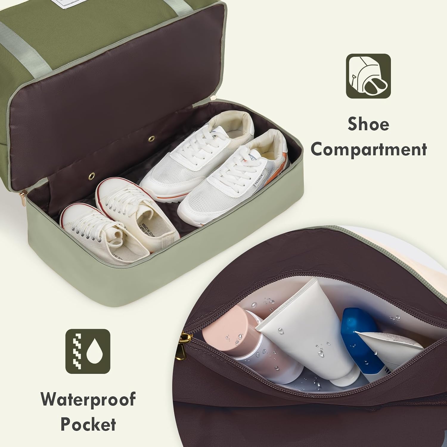 WOOMADA Weekender Bags for Women, Carry On Overnight Bag with Toiletry Bag, Personal Item Travel Duffel for Travel, Sports, Hospital(Beige&Army Green)