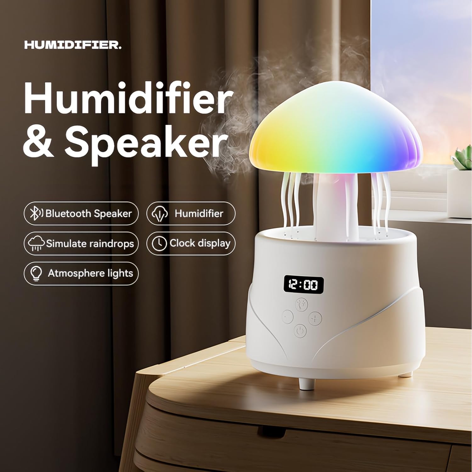 AVEKI Jellyfish Humidifiers for Bedroom with Bluetooth Speaker, 600ml Cute Humidifier Diffuser with Colorful Mood Light & Clock Display, Air Humidifiers for Women, Gifts for Mom (Jellyfish)