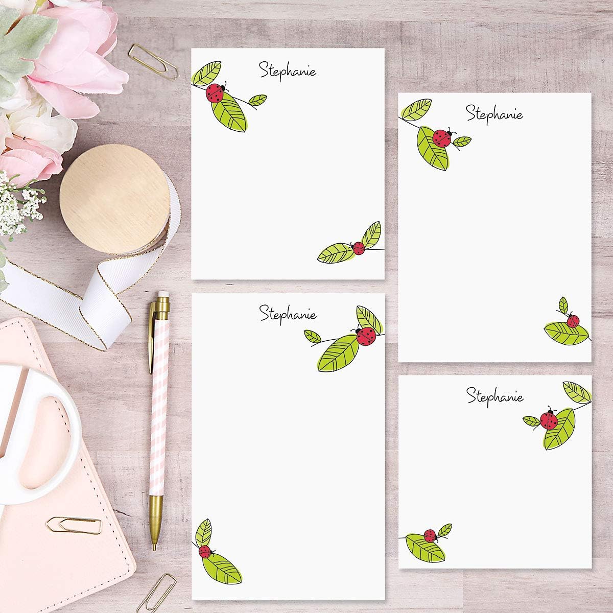 Current Ladybugs Personalized Notepad Set with Holder - Set of 4 Note Pads, Acrylic Holder, Stationery Gift