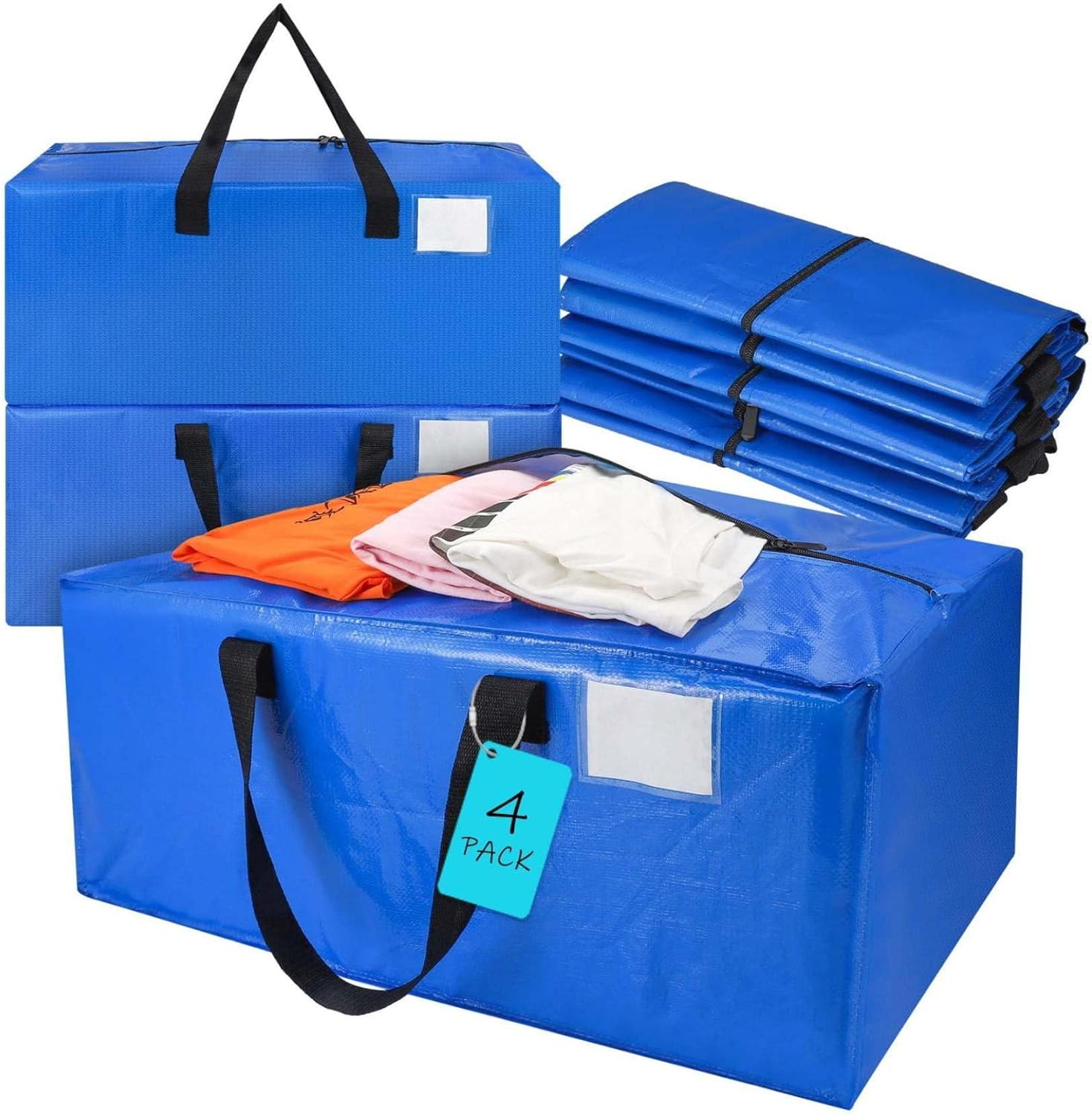 Heavy Duty Waterproof Moving Bags 4-Pack - Large Reusable Storage Totes with Zippers & Handles for Clothes, Bedding, Dorm, Home Organization & Moving Solutions