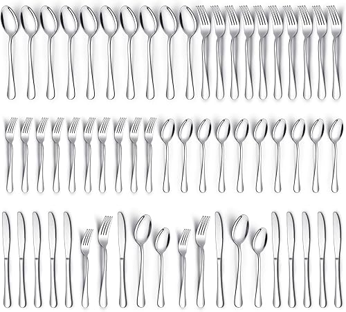 Juego de cubiertos de 60 piezas para 12, cubiertos de acero inoxidable, juego de cuchillos, cucharas y tenedores, pulido con espejo, apto para