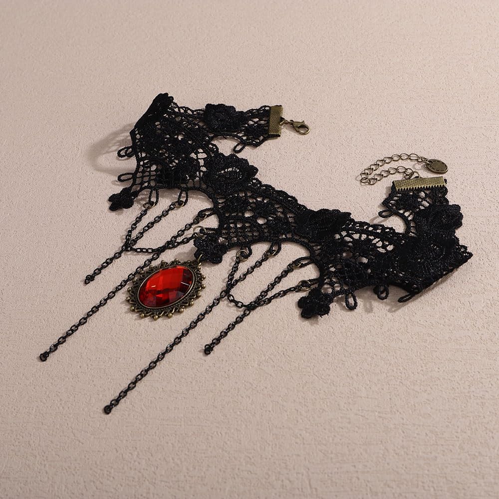 Missgrace Boho Vintage Punk Black Red Crystal Lace Choker Necklaces Gothic Accessories Halloween Black Tassels Crystal Necklace for Women - Image 5