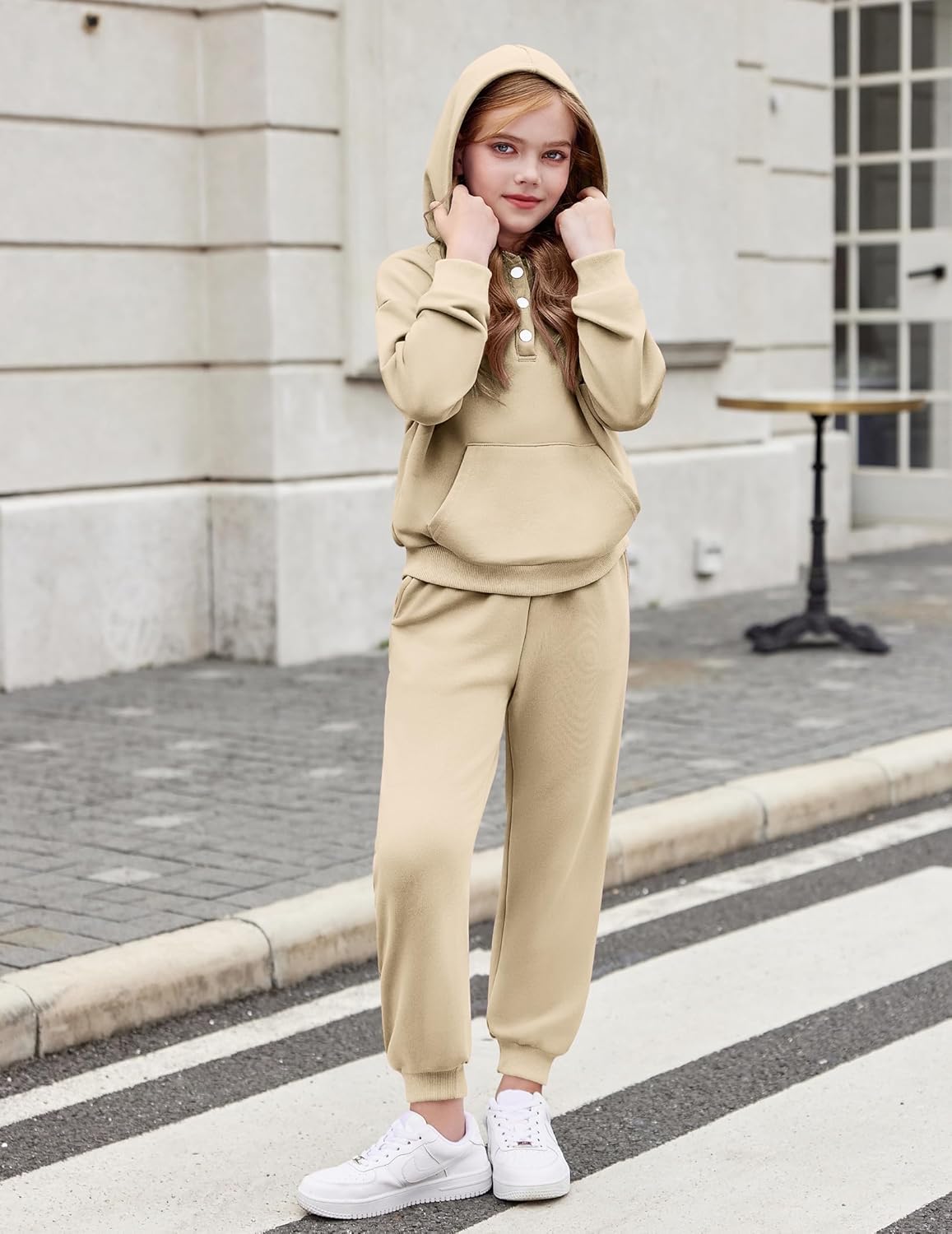 Arshiner Girls 2 Piece Outfits Fashion Sweatsuits Button Down Hooded Sweatshirt and Sweatpants with Pockets Kids Tracksuit - Image 2