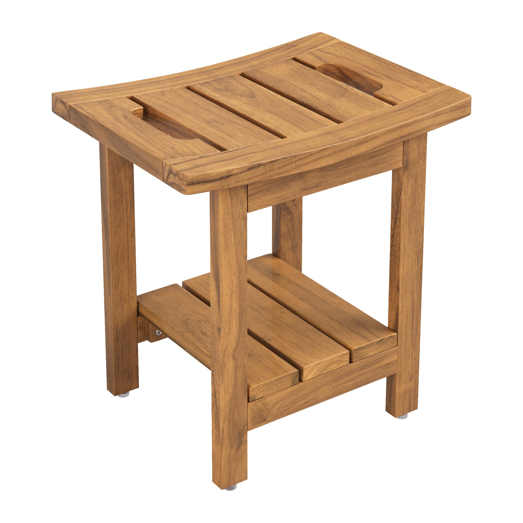 Teak stołek prysznicowy z półką do przechowywania, wodoodporne siedzisko łazienkowe z uchwytami, kompaktowa kwadratowa konstrukcja do spa, naturalne wykończenie, 40 x 29,5 x 41,4 cm