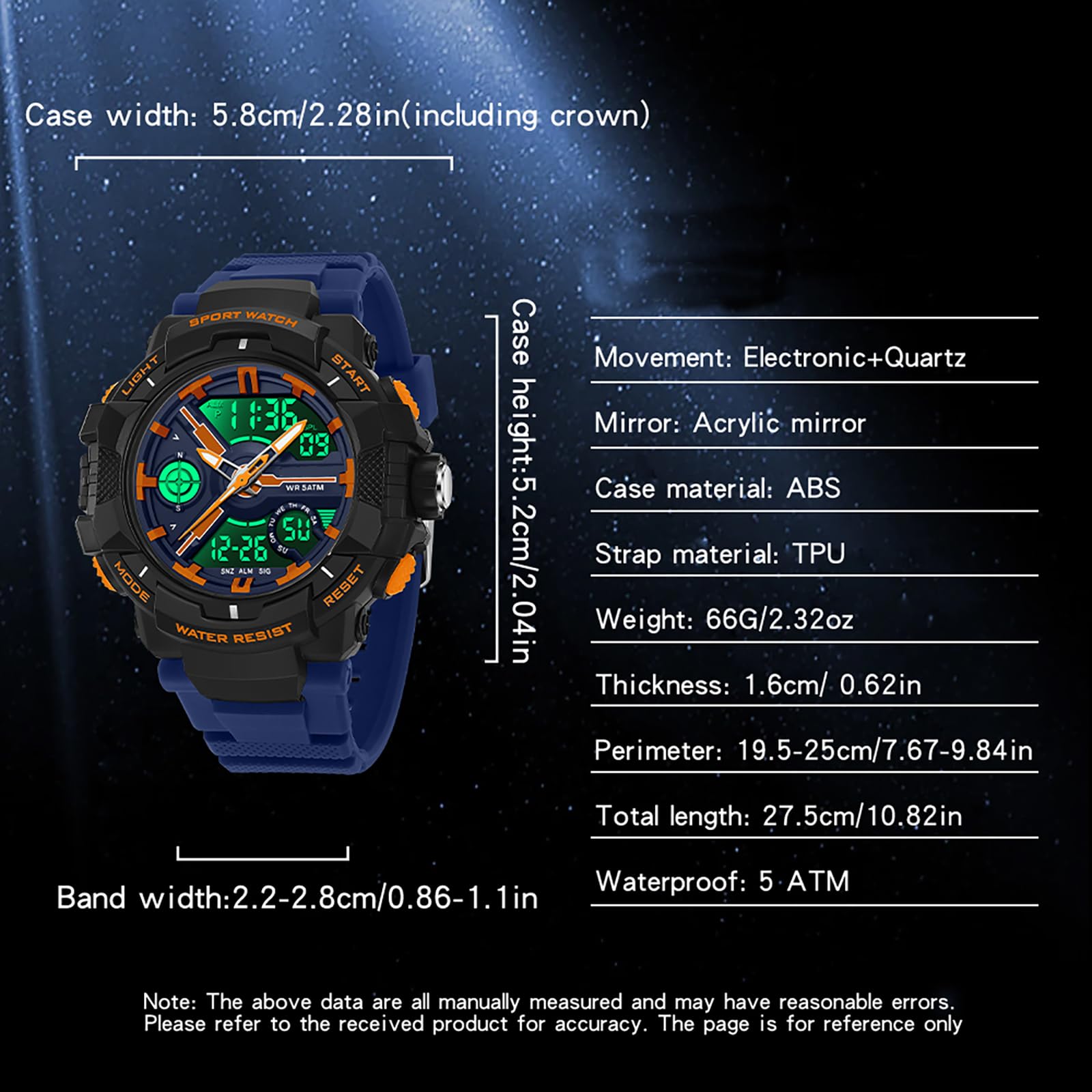 findtime Relojes para hombre y niño, analógico, digital, de cuarzo, naranja, reloj de pulsera con alarma, cronómetro, dos zonas horarias, LED, resistente al agua 5 ATM, relojes deportivos para hombres