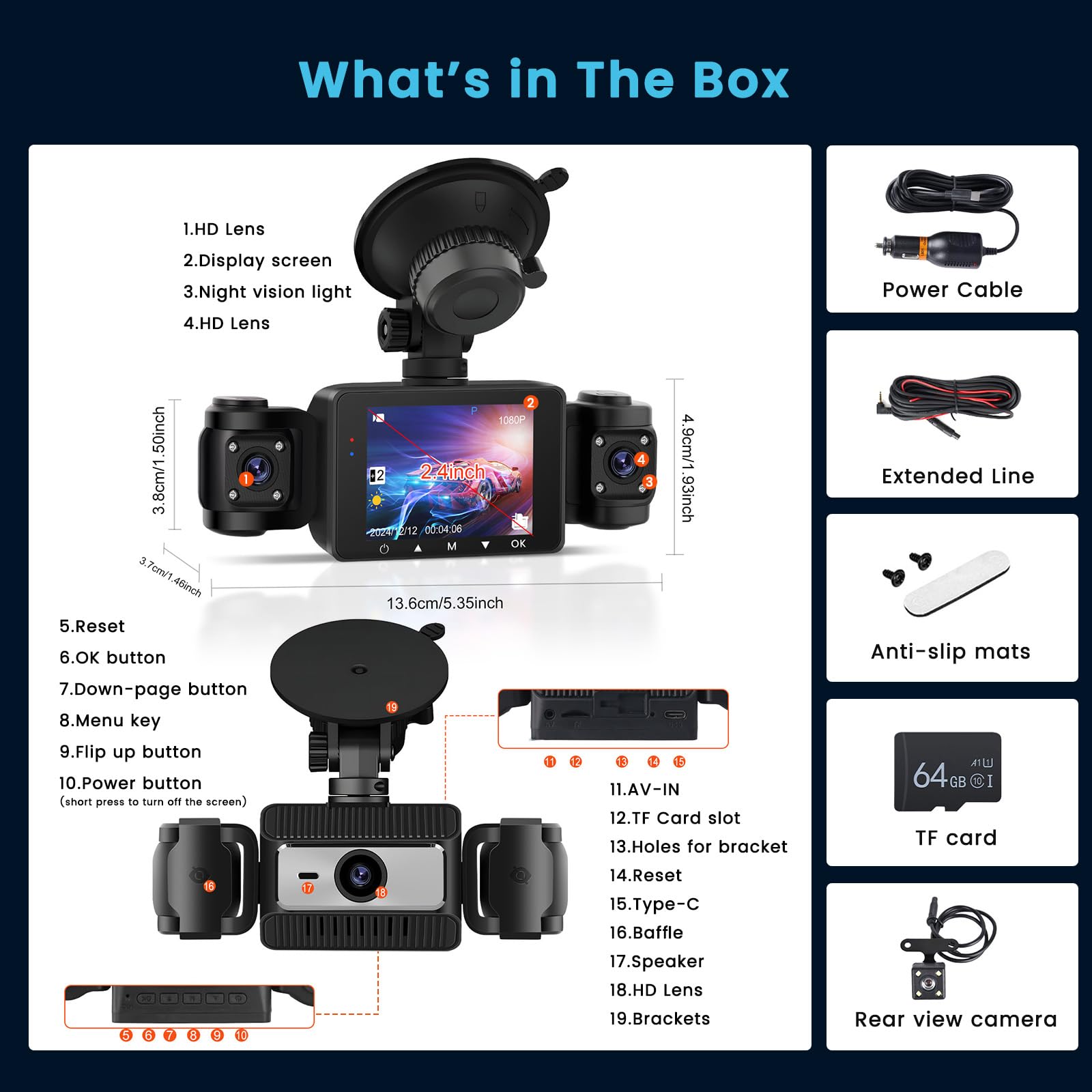 Inefala Dash Cam 4 Canali 360 Gradi 1080P con Scheda 64GB