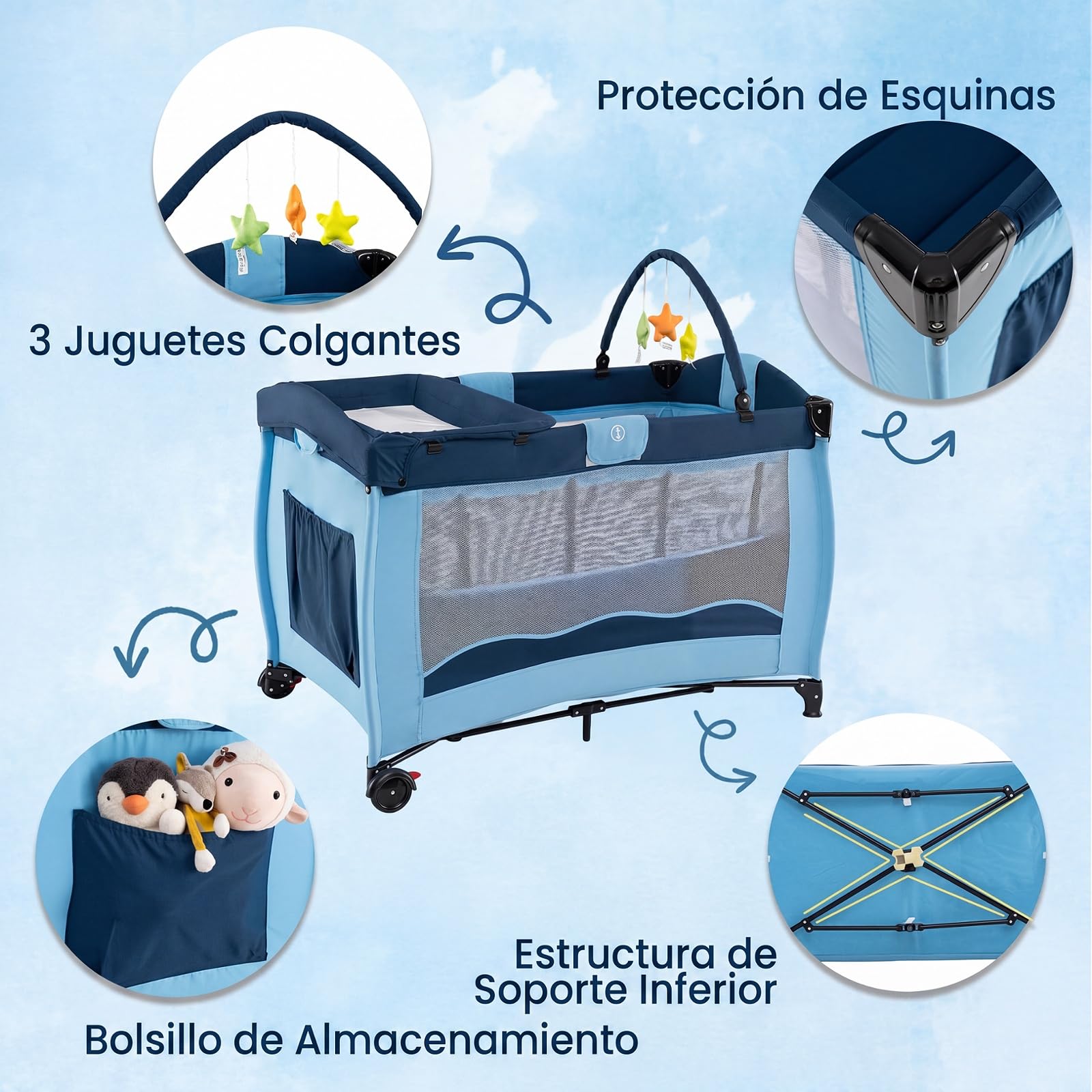 COSTWAY 4 en 1 Cuna de Viaje para Bebé con Cambiador y Colchón (Azul)