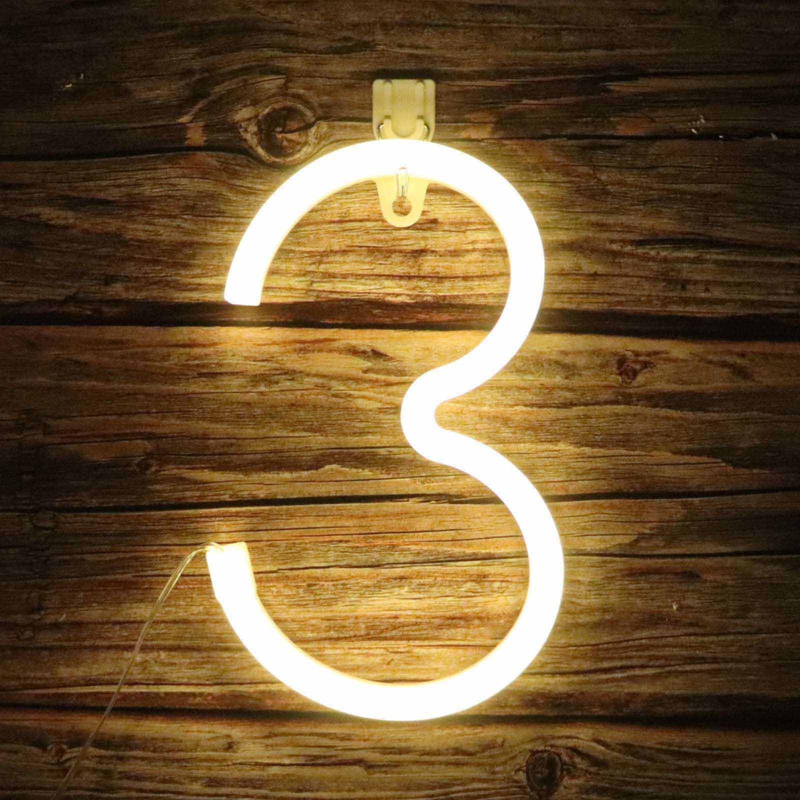 Modern Warm White Arabic Number LED Neon Sign Dual Power Source For Home Office Bedroom Nursery Man Gift Wedding Backdrop Battery/USB Neon Light（No.3） — image 1