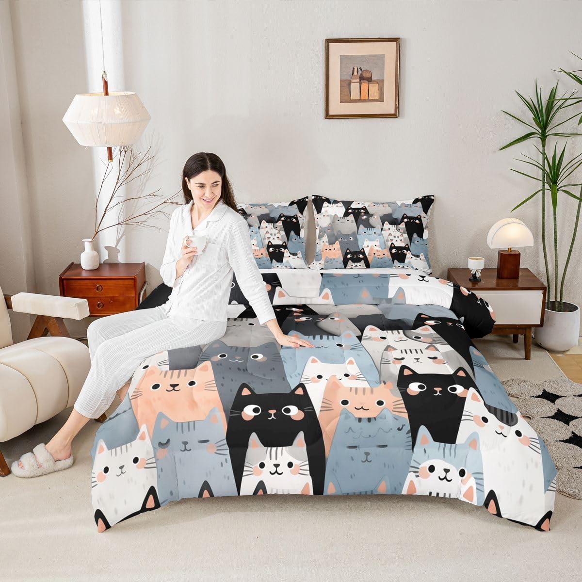 jejeloiu Cute Cat Print Comforter Set Full Size Cartoon Cats Bedding Set for Kids Boys Girls Kawai Animals Duvet Quilt Bedroom Decor Microfiber 3 Pcs with 2 Pillow Cases