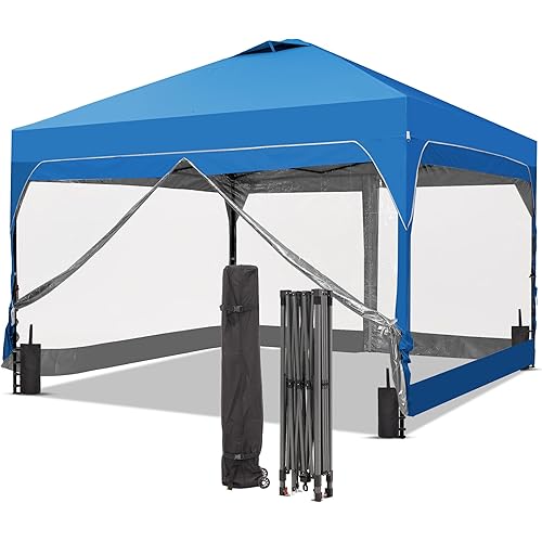 GDY 12x12FT Pop Up Canopy Tent with One Push Setup, Easy Setup Gazebo with 4 PVC Transparent Sidewalls,Includes Wheeled Bag. for Parks, Parties, Camping, Blue.