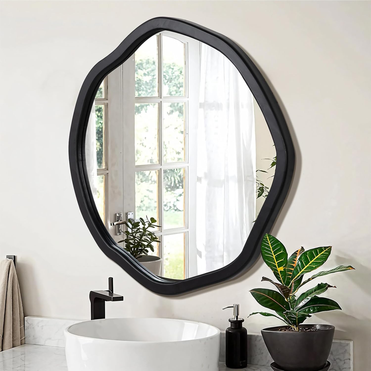 ULIKE Round Wood Mirror, 30 Inch Black Asymmetrical Circle Vanity Mirror with Wood Frame, Modern Decorative Wall Mount for Bathroom Bedroom Living Room Entryway