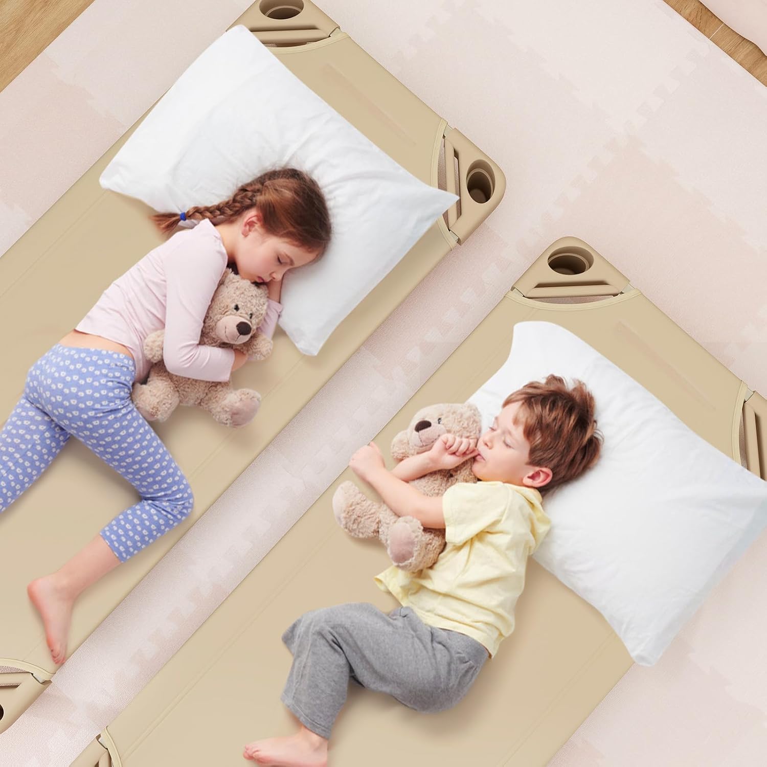 Daycare Cots, 6-Pack Stackable Nap Bed Cot with Easy Lift Corners, Portable Children Sleeping Cots for Preschool Classroom, Nursery, Ready-to-Assemble (Sand)