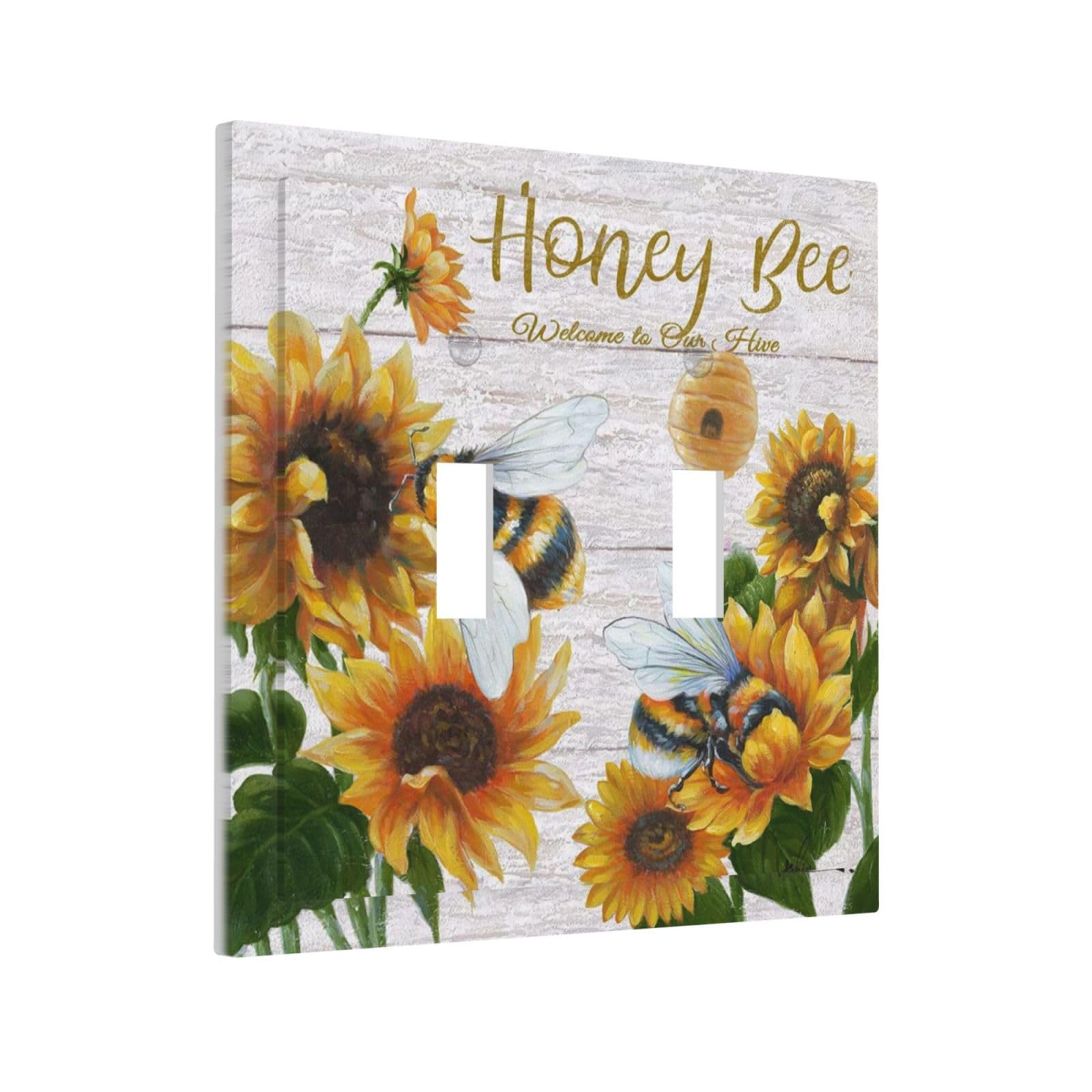 Rustic Wooden Sunflower Bee Oil Painting Double Toggle Wall Plate 2 Gang Light Switch Cover Decorative Electrical Switchplate Faceplate for Farmhouse