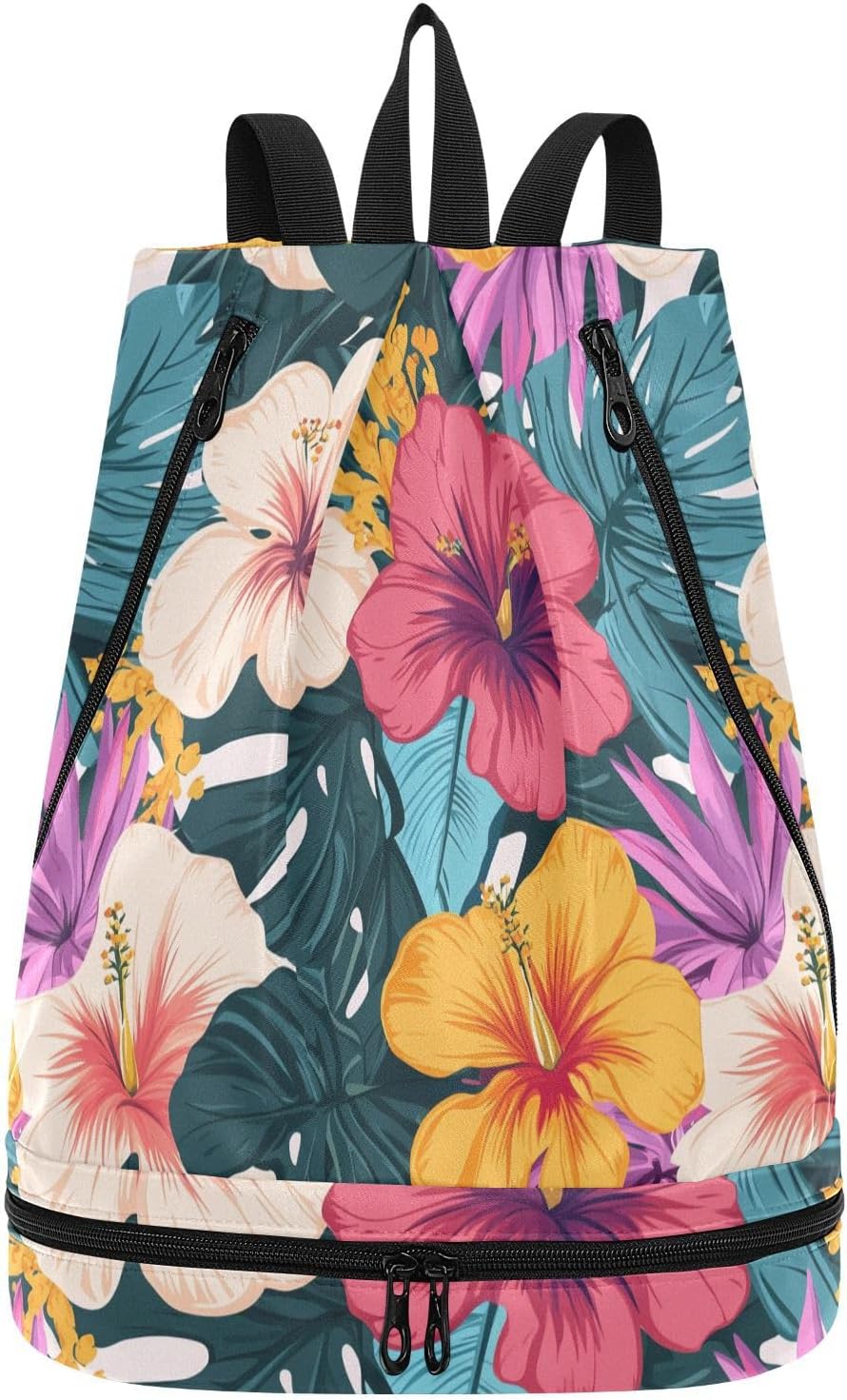 Hawaiian Style Tropical Flowers Palm Leaves Colorful Drawstring string bag beach drawstring gym bag with Wet Dry Compartments