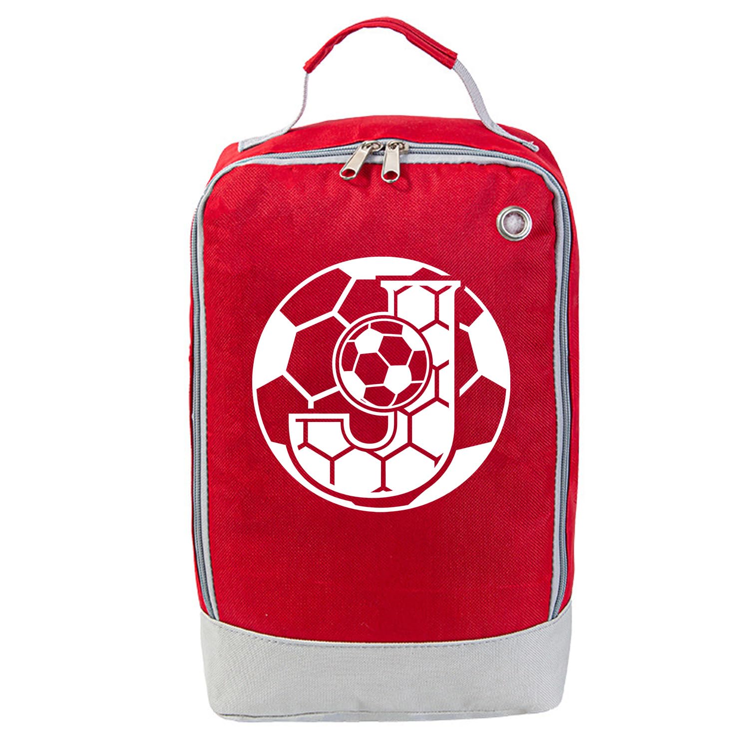 JOUWUI Personalised Football Boot Bag, Waterproof Sports Shoe Storage, Red and Grey Design with Initial, 20x10x32cm, for Boys, Girls, Adults, PE and School (Football Boot Bag, Initial J)