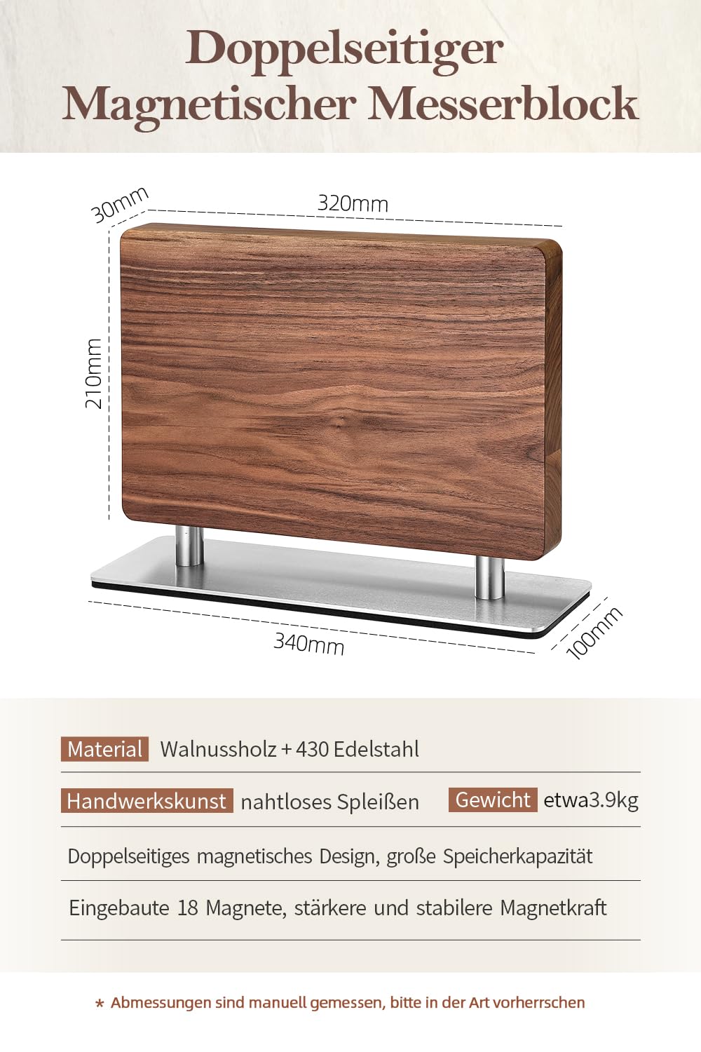 XINZUO Walnussholz Messerblock Magnetisch -Doppelseitig erhältlich -Messerhalter Magnetischer Ohne Messer -Doppelseitiger Starker Magnet Messerhalter für Küche -Leicht zu reinigen -mit Geschenkbox