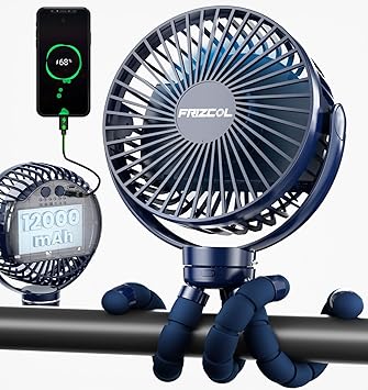 FRIZCOL 12000mAh Portable Stroller Fan, Use As Power Bank, 65H Battery Operated Fan Flexible Tripod Clip On Fans, Detachable Personal Handheld Baby Fans for Stroller, Car seat, Desk, Treadmill (Blue)