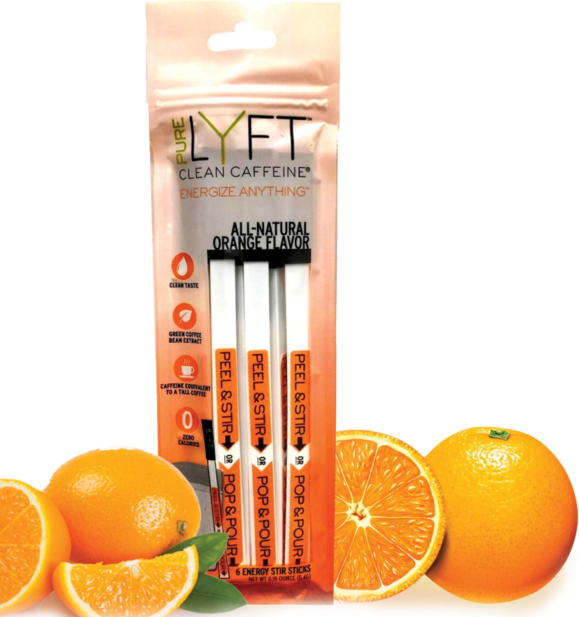 Pure LYFT, Clean Caffeine, All Natural Orange Vegan Pre Workout Energy Drink Powder (6 Sticks)