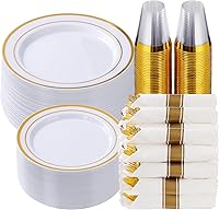 GoodLuck 350-Piece Gold Plastic Dinnerware Set for 50 Guests - Disposable Party Plates, Cups, Pre-Rolled Napkins & Silverware