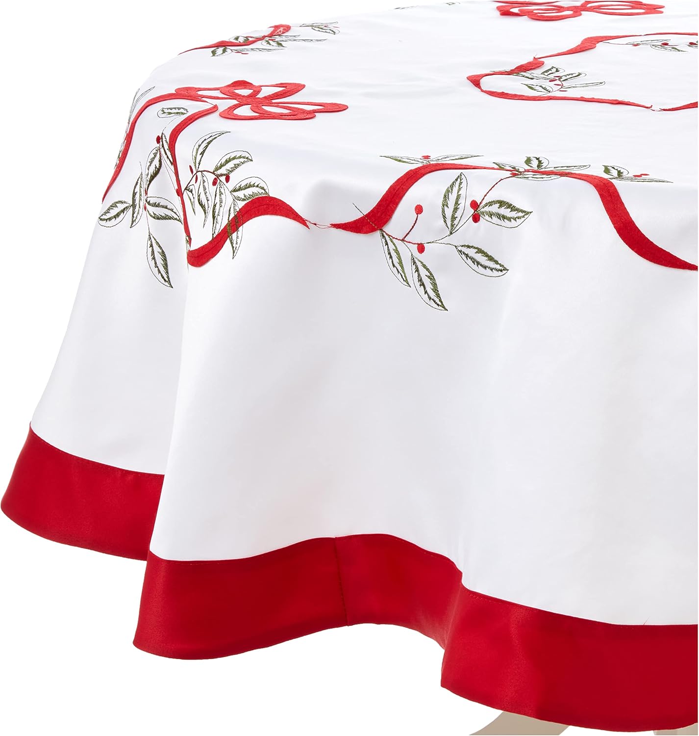 Violet Linen Christmas Holly Leaves Poinsettia Ribbon Bows Polyester Embroidered with Trim Border Tablecloths, 70" X 105", White