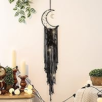 Vista 1 de ANROYE Colgante de pared tejido de macramé bohemio, crochet, luna creciente, estrella, atrapasueños con borla larga, algodón negro, hecho a mano
