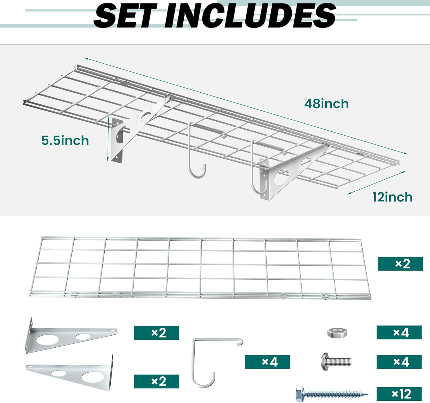EVERHANGER Garage Wall Shelves, 12 X 48 Inch Wall Mounted Storage Shelves, Heavy Duty Metal Shelving with Hooks, 2 Pack, White - Image 2