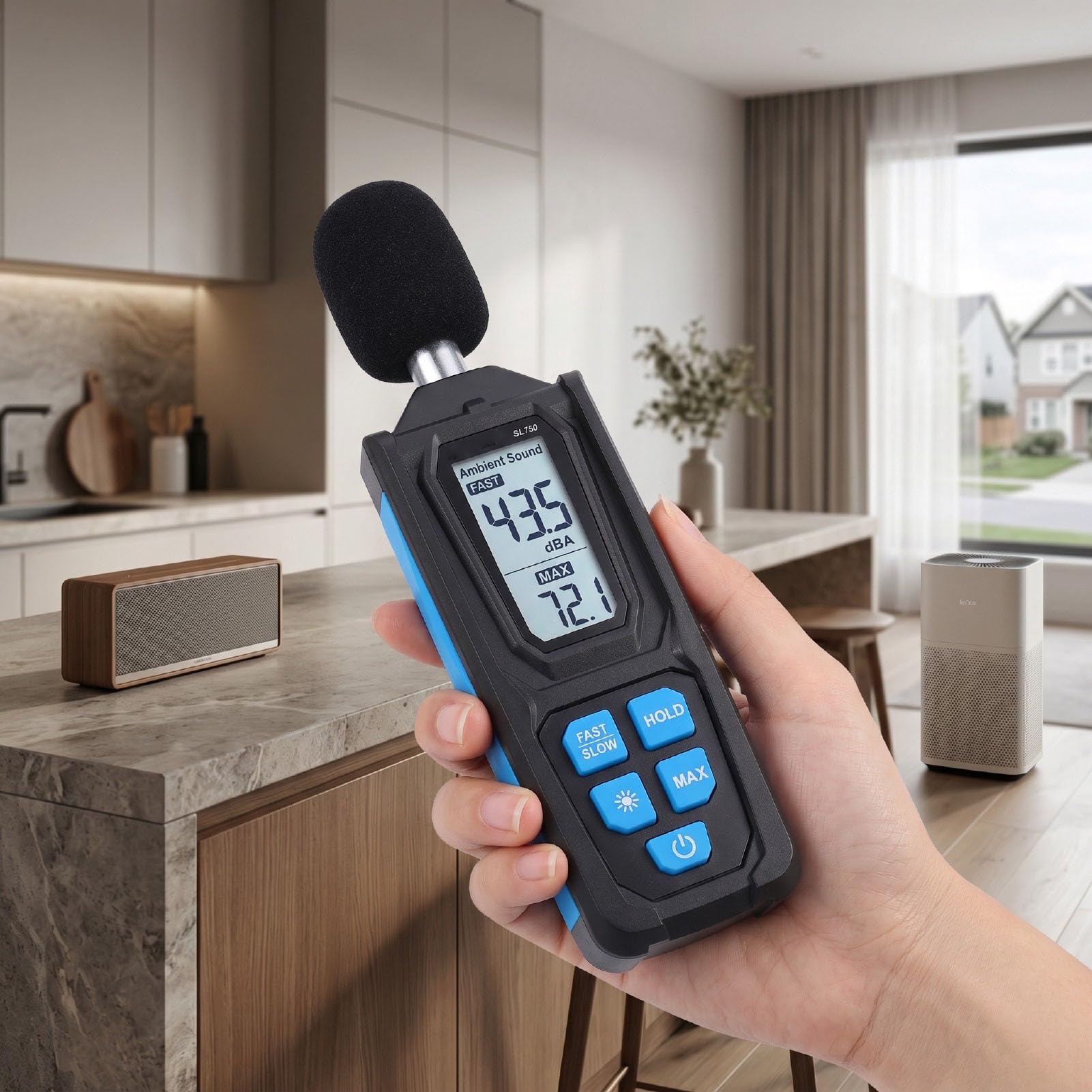 Eujgoov Medidor de Ruido HS-33 30‑130dB con Ponderación de A/C Rápida/lenta | Sonómetro portátil, precisión de 1,5 dB, retención de datos, reinicio del valor máximo, LCD de 4 dígitos, apagado automático