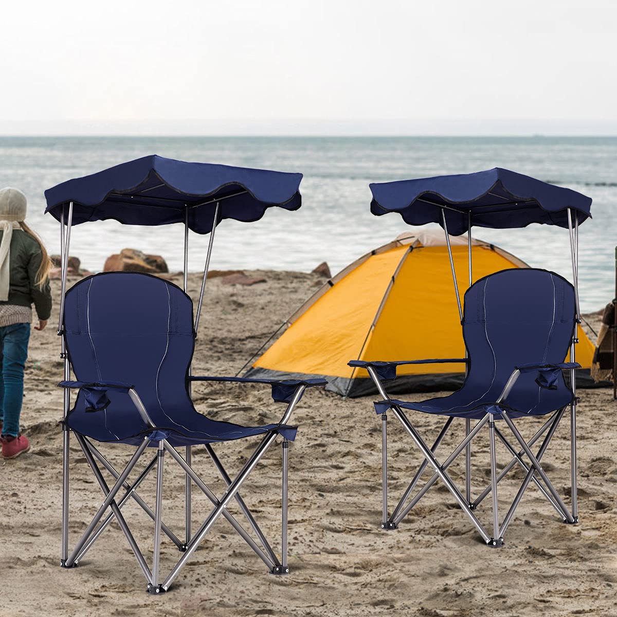 RELAX4LIFE Silla Plegable Camping con Toldo para Pesca y Marco de Acero, Silla de Playa de Tela Oxford con Soporte para Bebidas y Bolsa de Transporte para Excursión y Camping, Carga 120kg (Azul)