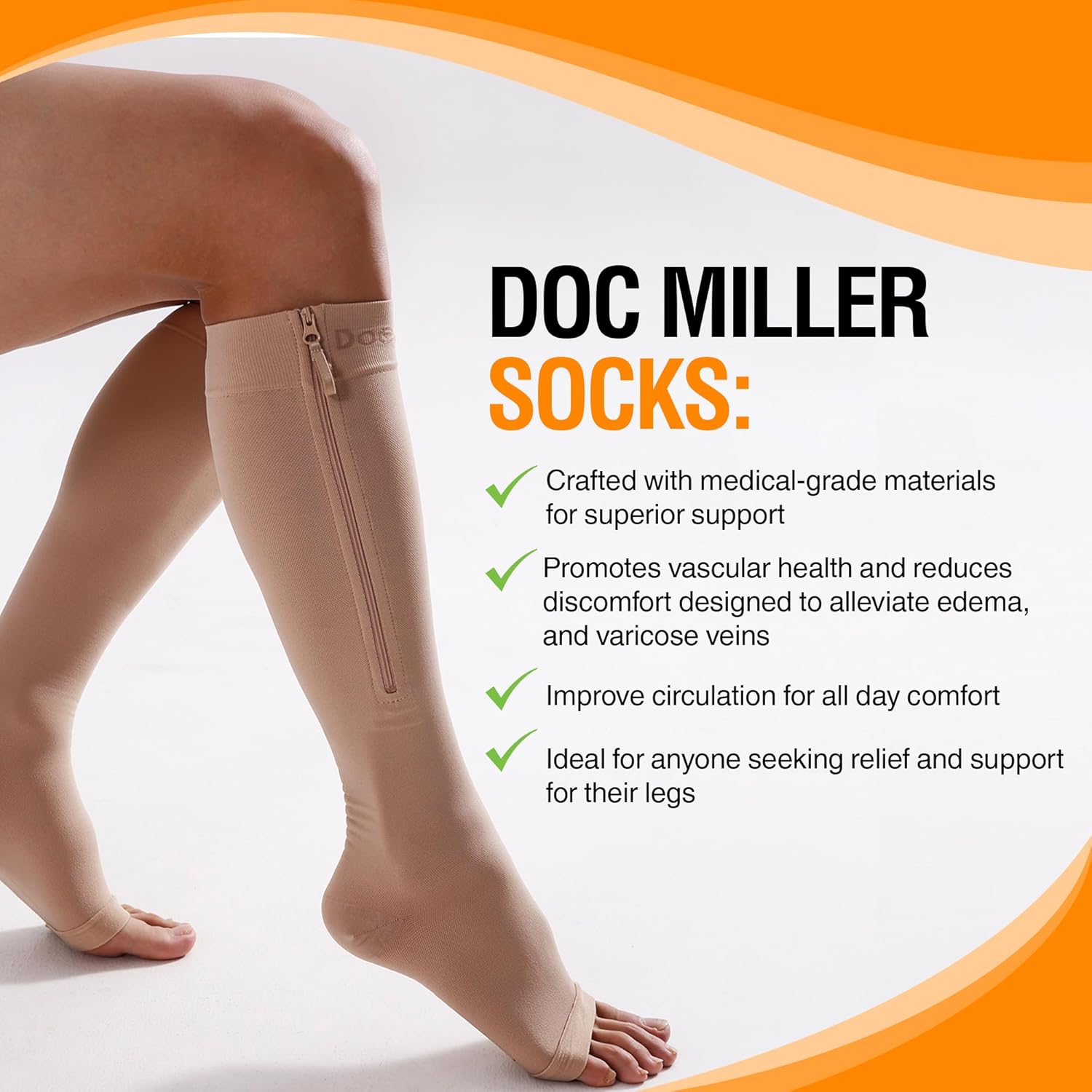 Doc Miller Compression Socks with Zipper – Open Toe, Knee High 15-20 mmHg Support Stockings for Women and Men, Easy to Wear, Travel, Maternity, Daily Use – 1 Pair - Image 5