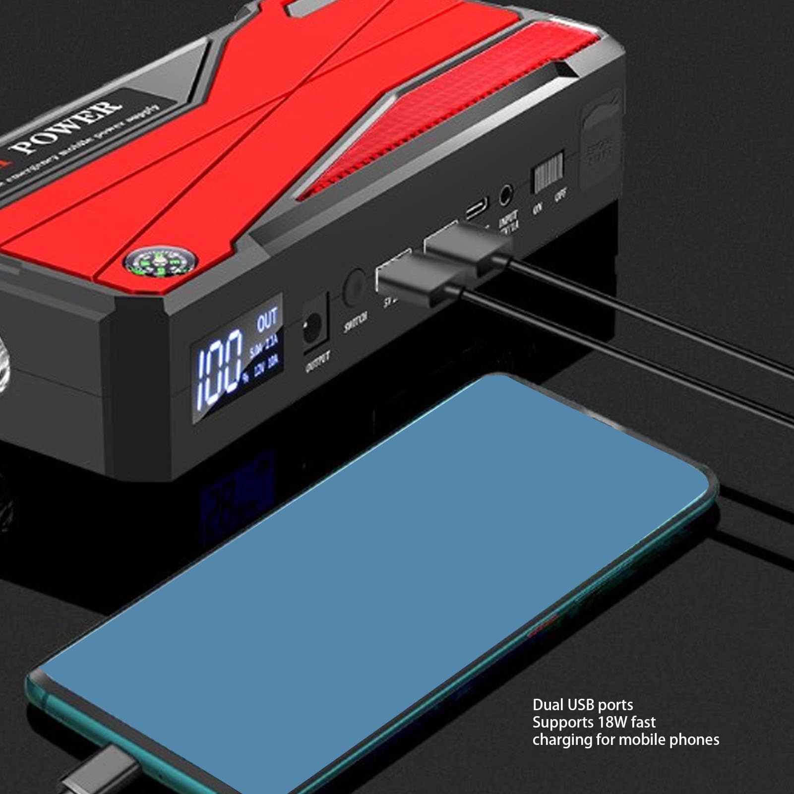 Rozrusznik Akumulatorów 1000A, 20000mAh Akumulator Litowy do 7L Gazowego 5,5L Silnika Derv, Latarka LED, Ochrona Bezpieczeństwa, Szybkie ładowanie USB3.0, Awaryjny Bank Zasilania