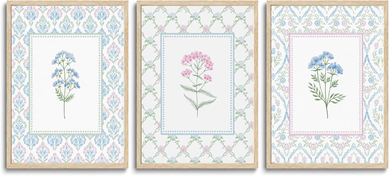 lianyibo 3 Piece Pastel Wildflower Wall Art Pink Blue Botanical Pictures Prints Boho Flower Painting Artwork for Living Room(30x40cmx3/Frameless)