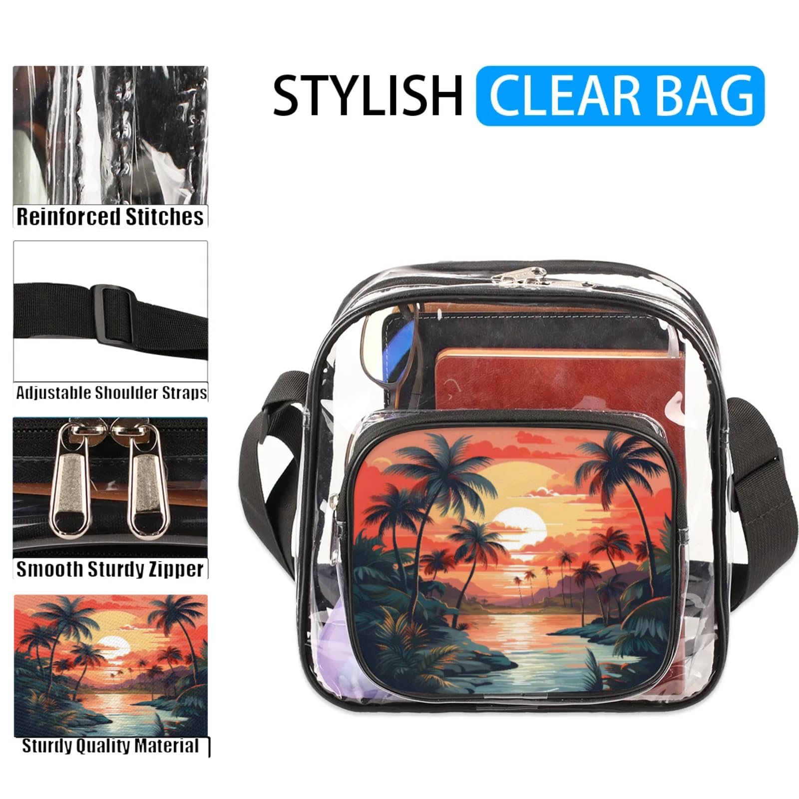 Clear Crossbody Bag Stadium Approved Beach Sunset Transparent Bag for Festivals, Sports Events, Concerts,Beach Bag for Women Men Plam Tree Landscape Clear Purse with Front Pocket Messenger Bag