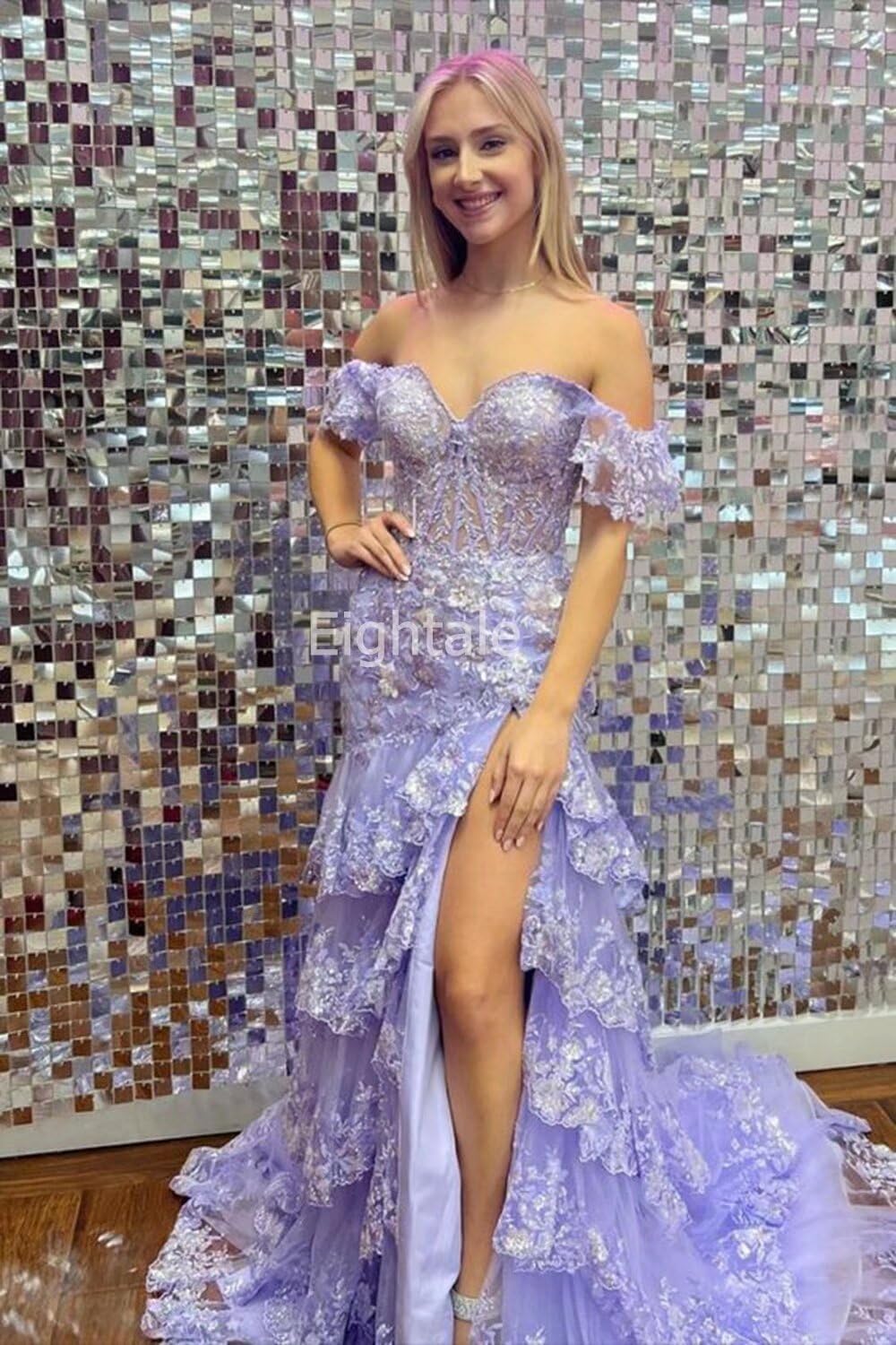 Eightale Off The Shoulder Sparkly Tiered Prom Dresses Tulle Appliques Mermaid Formal Evening Gowns