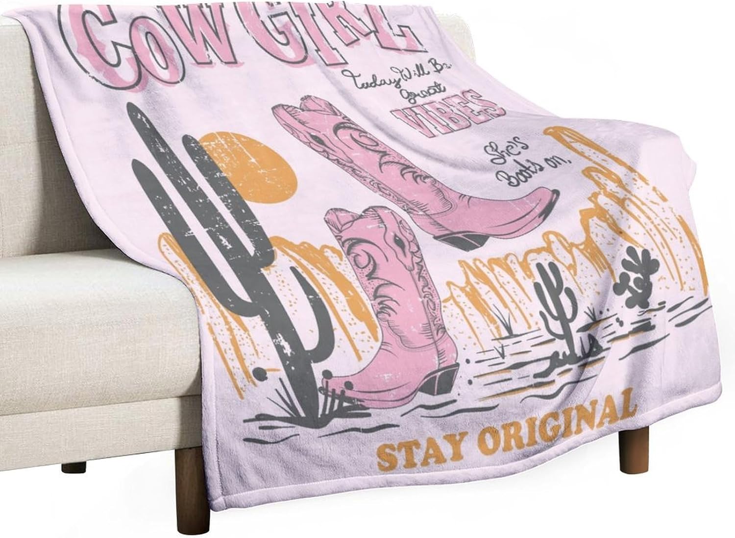 Western Cowgirl Blanket Wild West Desert Horse Pink Cactus Cartoon Abstract Art Soft Cozy Lightweight Throw Blanket for Girls Women Bedroom Living Room Dorm Chair Sofa Travel 70x80in